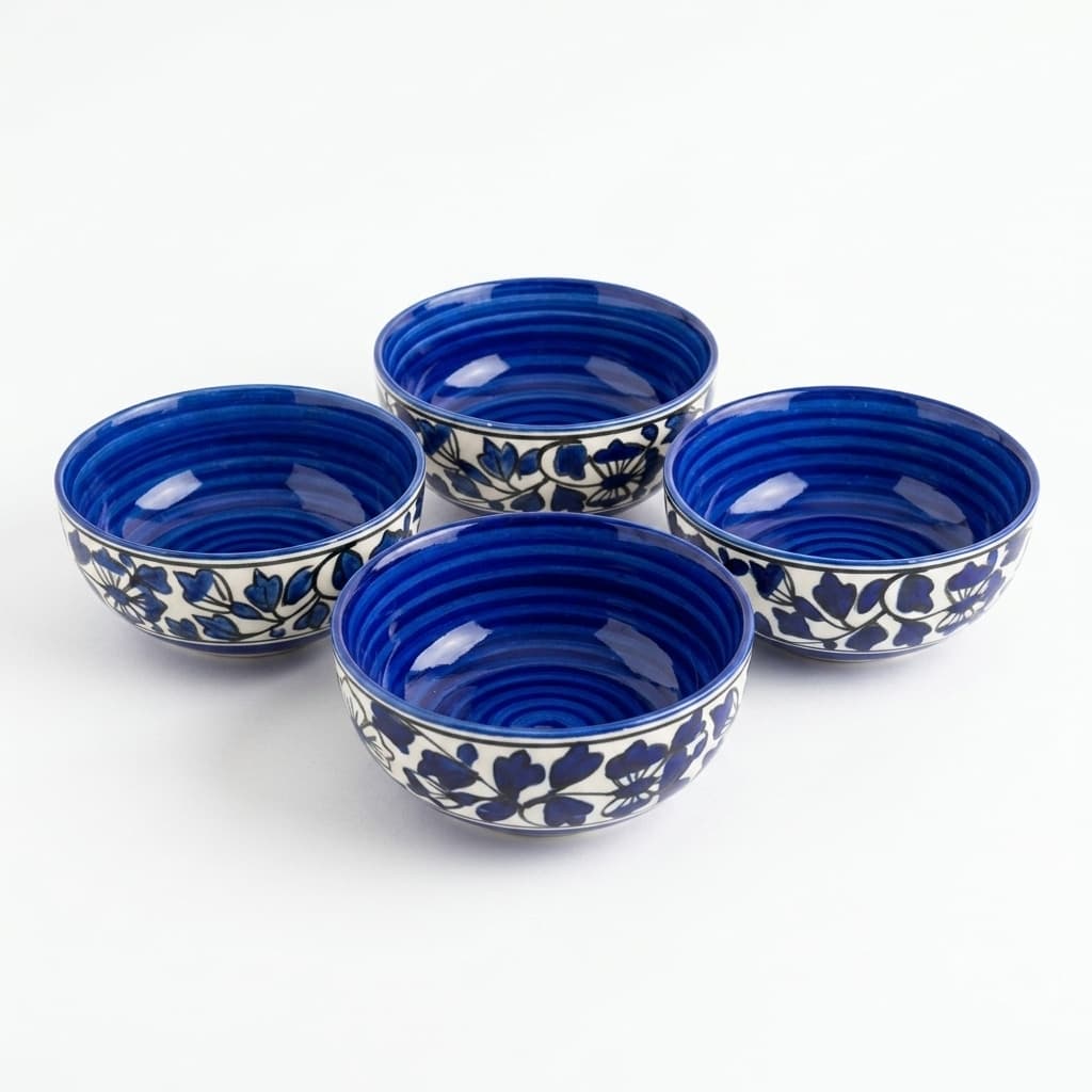 Ceramic Multi-Utility Bowls – Blue Floral Design, Set Of 4 (125ml Each)