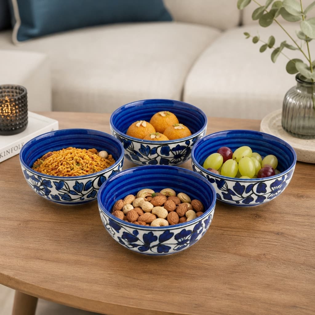 Ceramic Multi-Utility Bowls – Blue Floral Design, Set Of 4 (125ml Each)