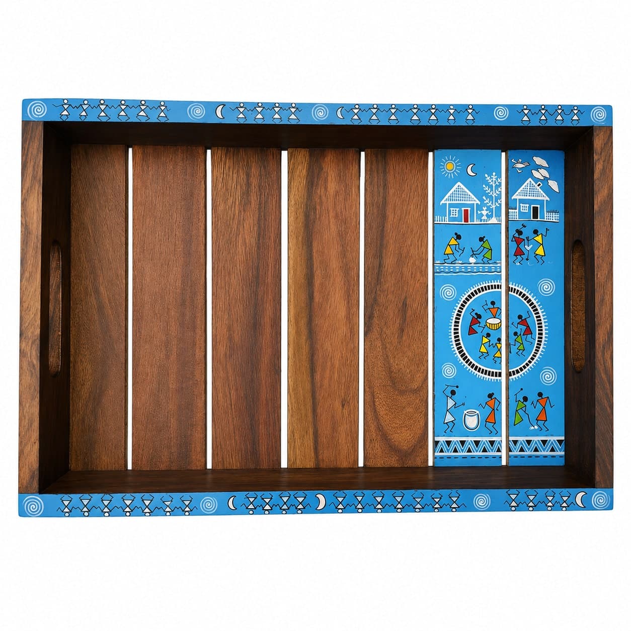 Rangriti Wooden Serving Tray With Warli Hand-Painted Panel – Blue Tribal Art Design (12x8 Inches)