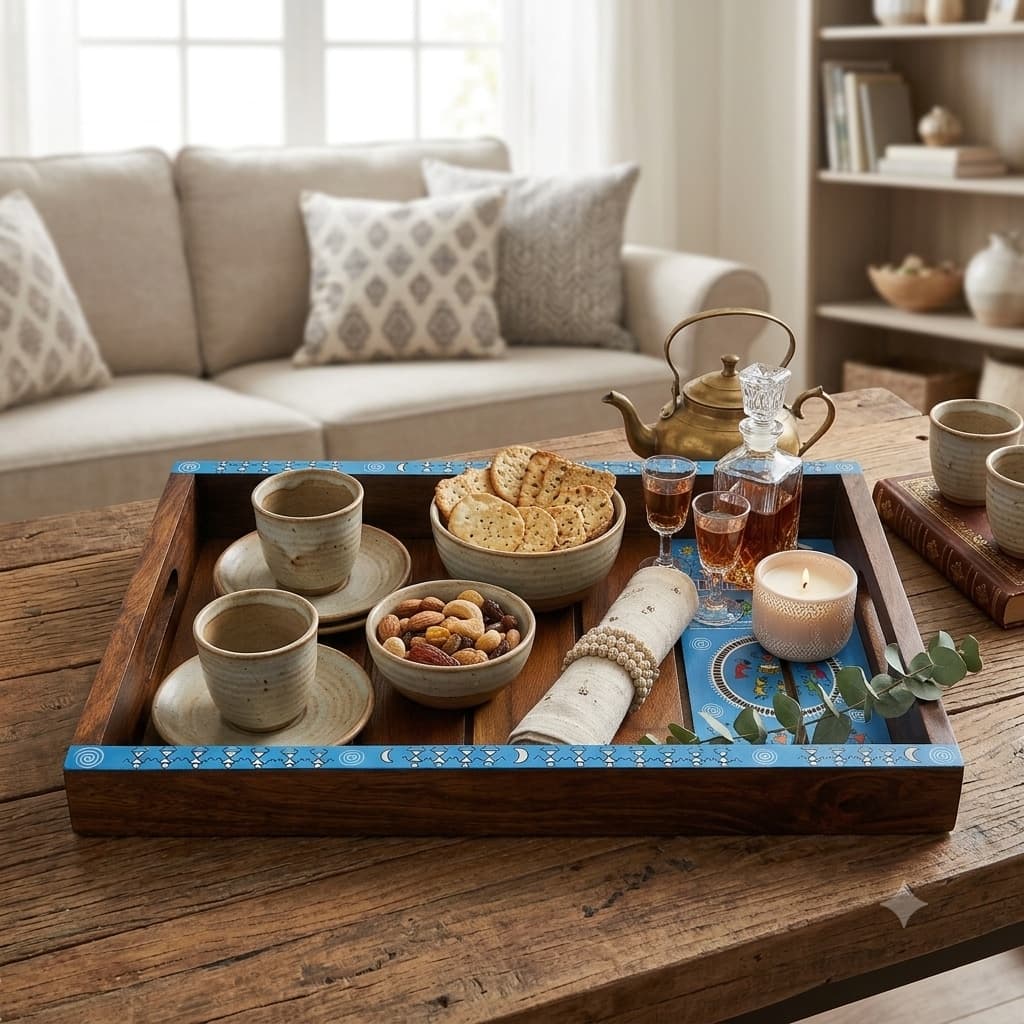 Rangriti Wooden Serving Tray With Warli Hand-Painted Panel – Blue Tribal Art Design (12x8 Inches)