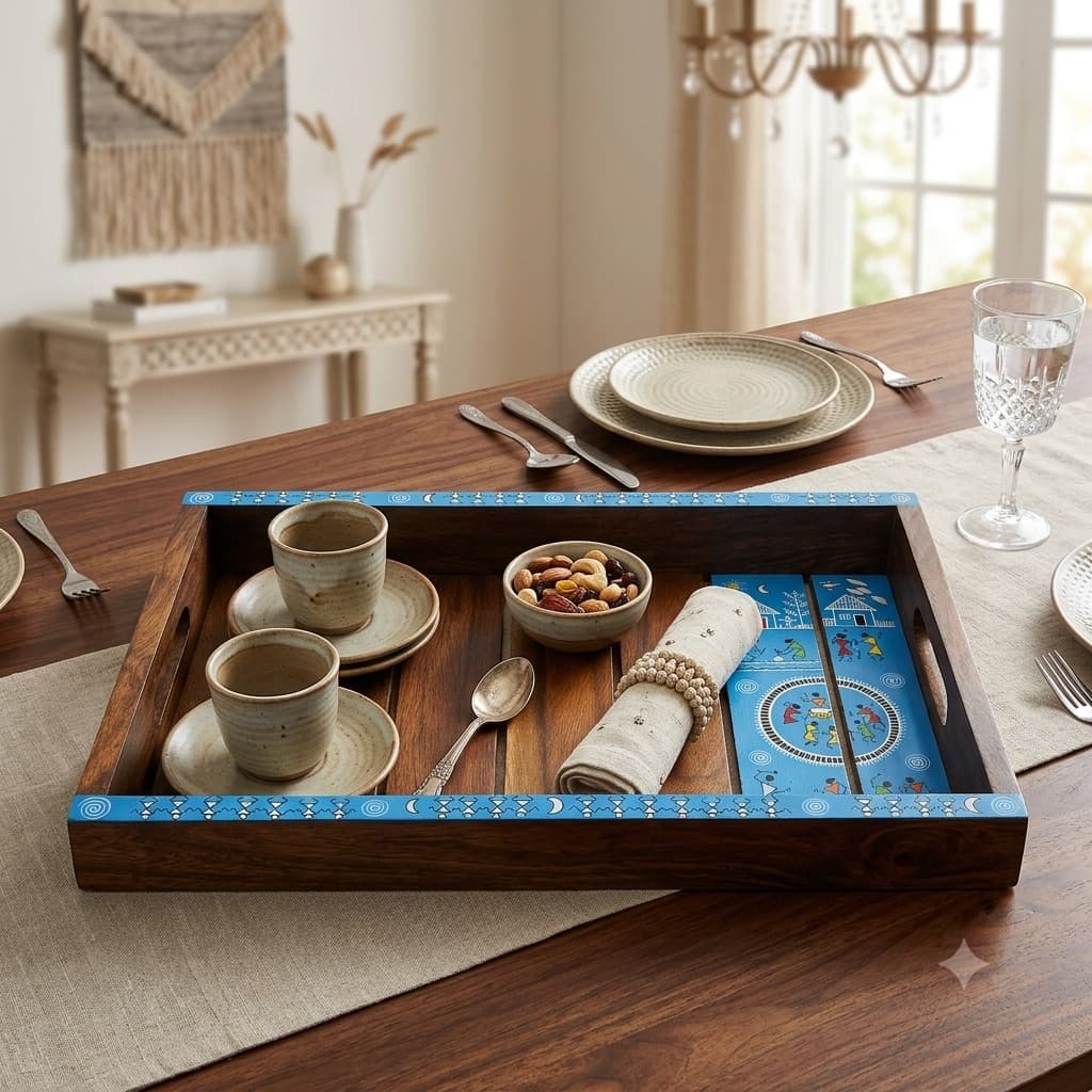 Rangriti Wooden Serving Tray With Warli Hand-Painted Panel – Blue Tribal Art Design (12x8 Inches)