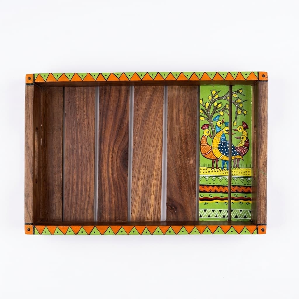 Rangriti Teak Wood Serving Tray With Hand-Painted Tribal Bird Panel – Folk Art Design (12x8 Inches)