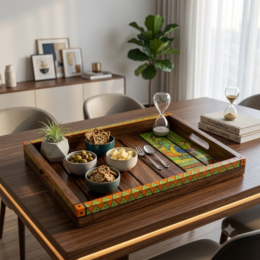 Rangriti Teak Wood Serving Tray With Hand-Painted Tribal Bird Panel – Folk Art Design (12x8 Inches)