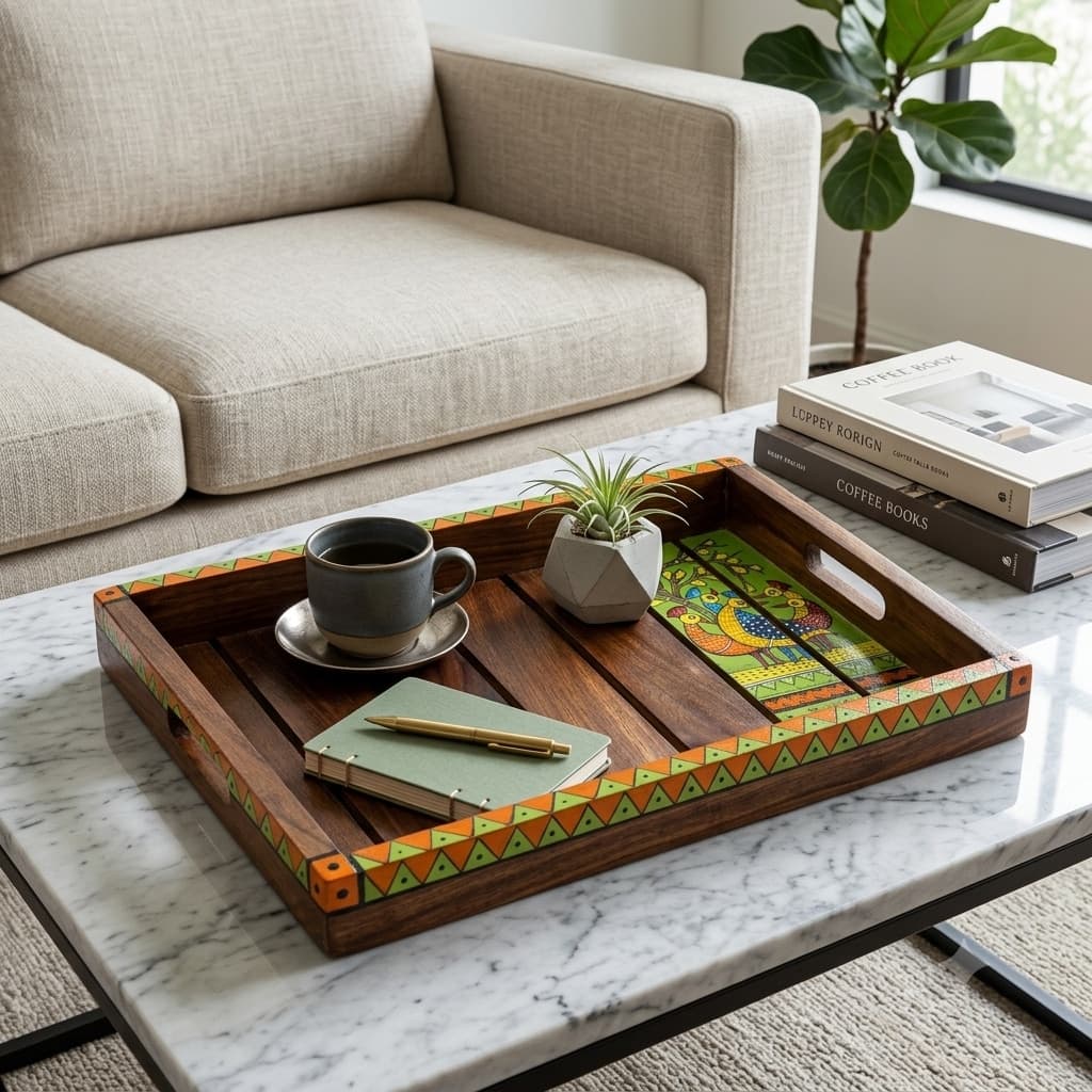 Rangriti Teak Wood Serving Tray With Hand-Painted Tribal Bird Panel – Folk Art Design (12x8 Inches)