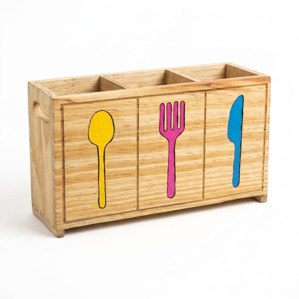 Aalokya Pine Wood Cutlery Holder With Hand-Painted Madhubani Fish Motif – 3 Compartment Organizer