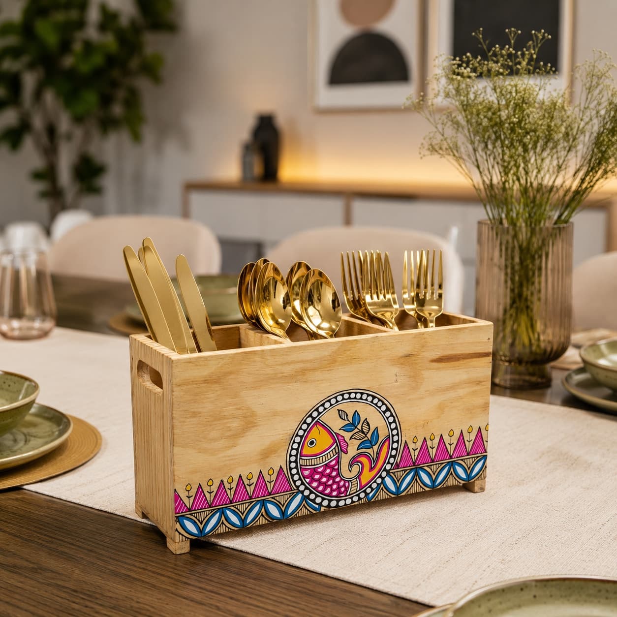 Aalokya Pine Wood Cutlery Holder With Hand-Painted Madhubani Fish Motif – 3 Compartment Organizer