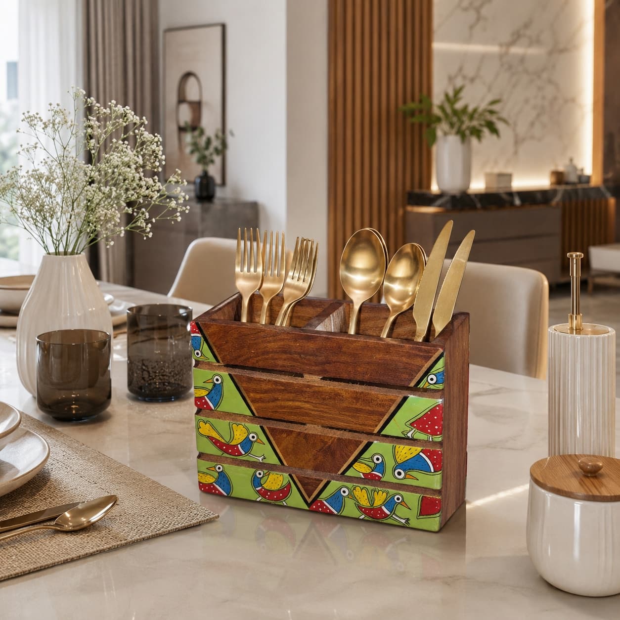 Aalokya Wooden Cutlery Holder With Hand-Painted Green Madhubani Bird Motif – 2 Compartment Organizer