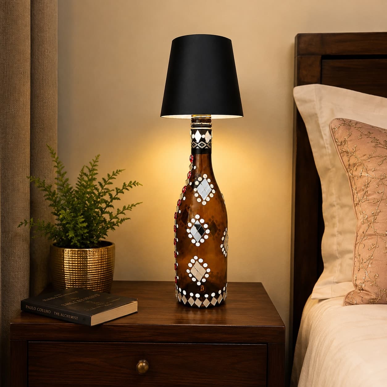 "Mirrorglow" Upcycled Glass Bottle Table Lamp – Rajasthani Mirror Mosaic Work  With Wireless Led Shade