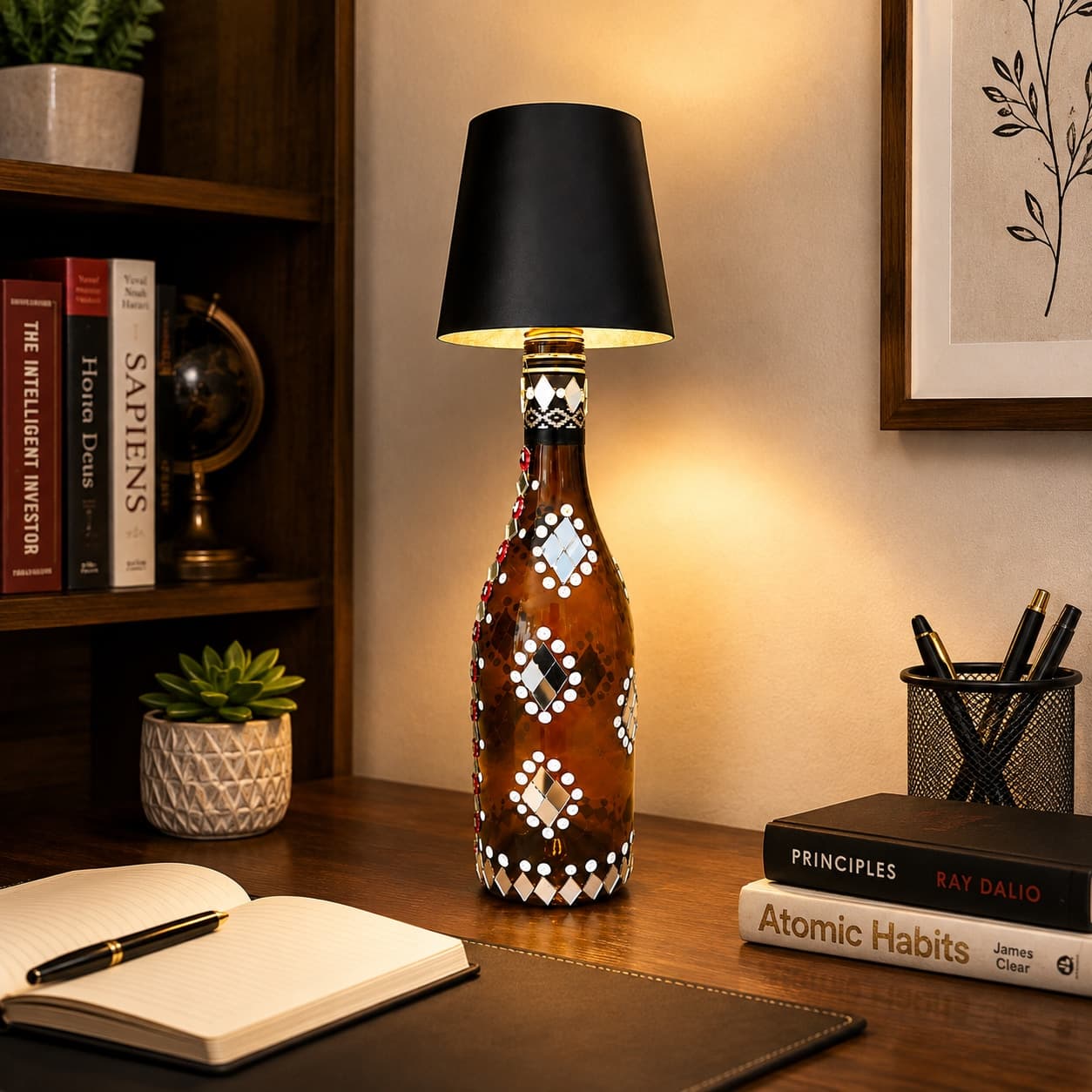 "Mirrorglow" Upcycled Glass Bottle Table Lamp – Rajasthani Mirror Mosaic Work With Wireless Led Shade