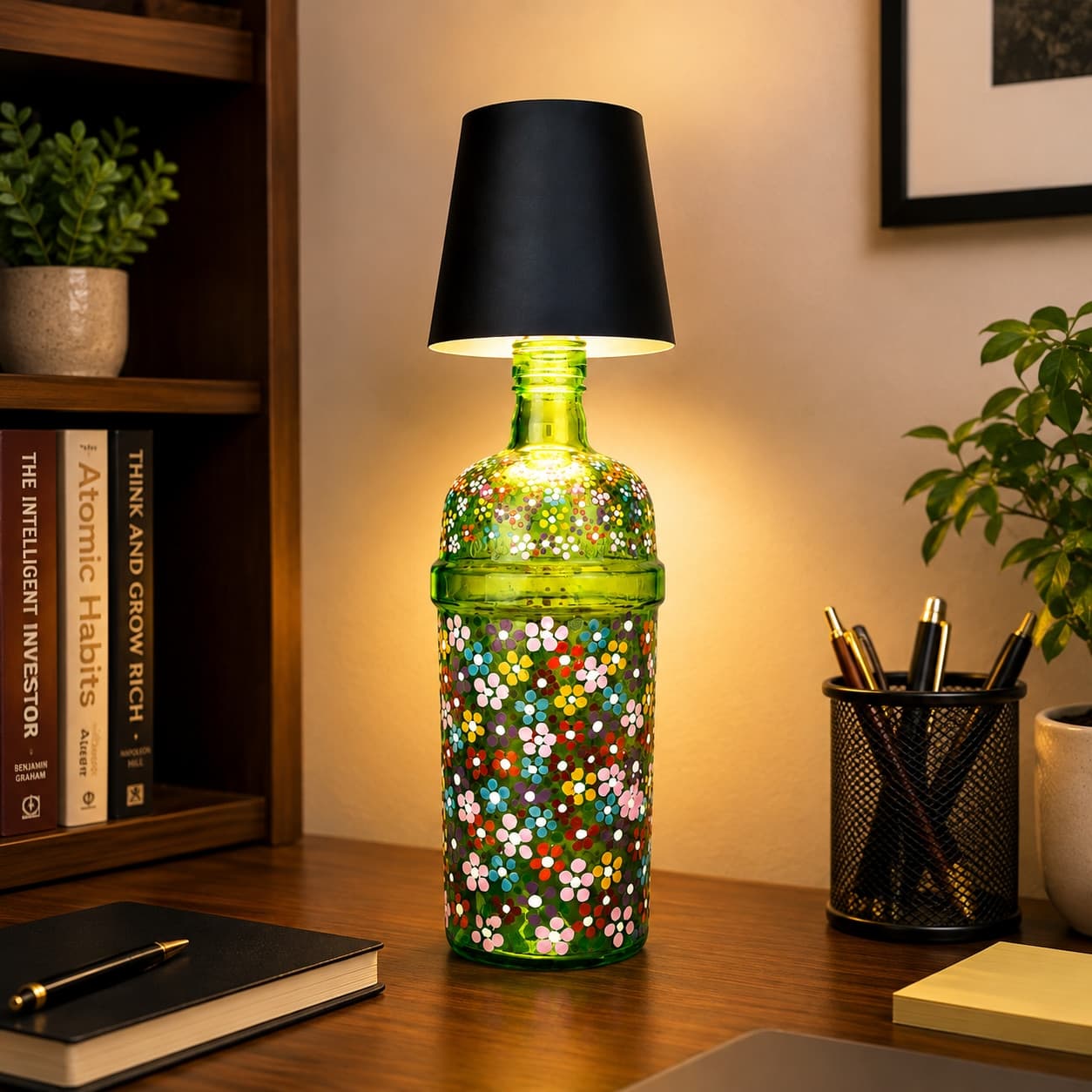 Bloomvale Hand-Painted Dot Art Bottle Lamp – Floral Mandala Work With Black Shade